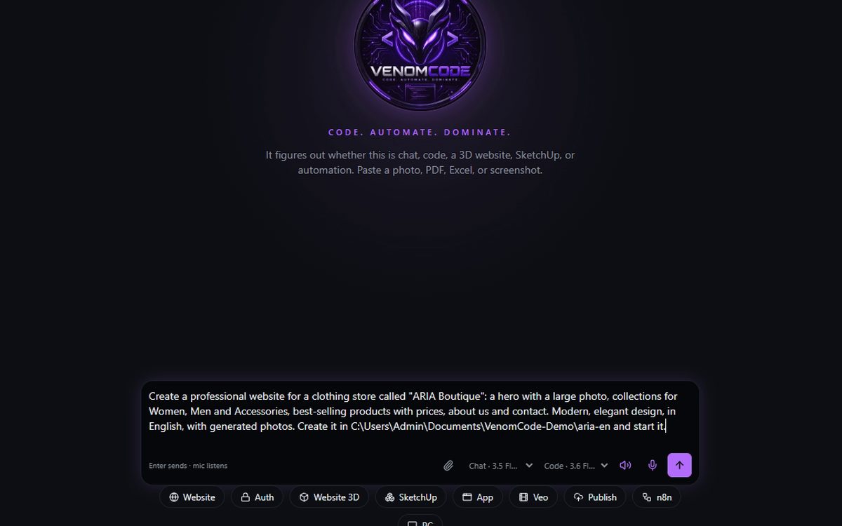 VenomCode with a typed command asking for a clothing-store website
